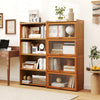 4-tier bamboo bookcase with doors in brown, featuring see-through acrylic doors and ample storage for books and decor.
