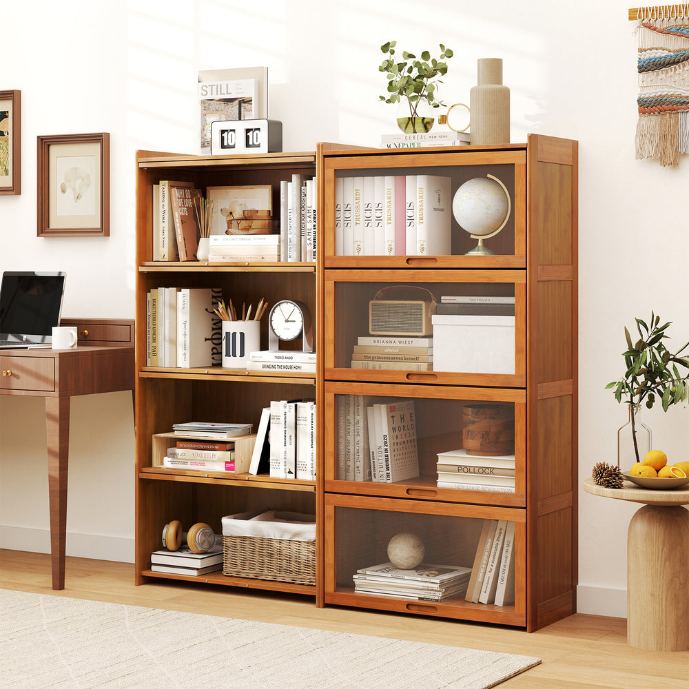4-tier bamboo bookcase with doors in brown, featuring see-through acrylic doors and ample storage for books and decor.