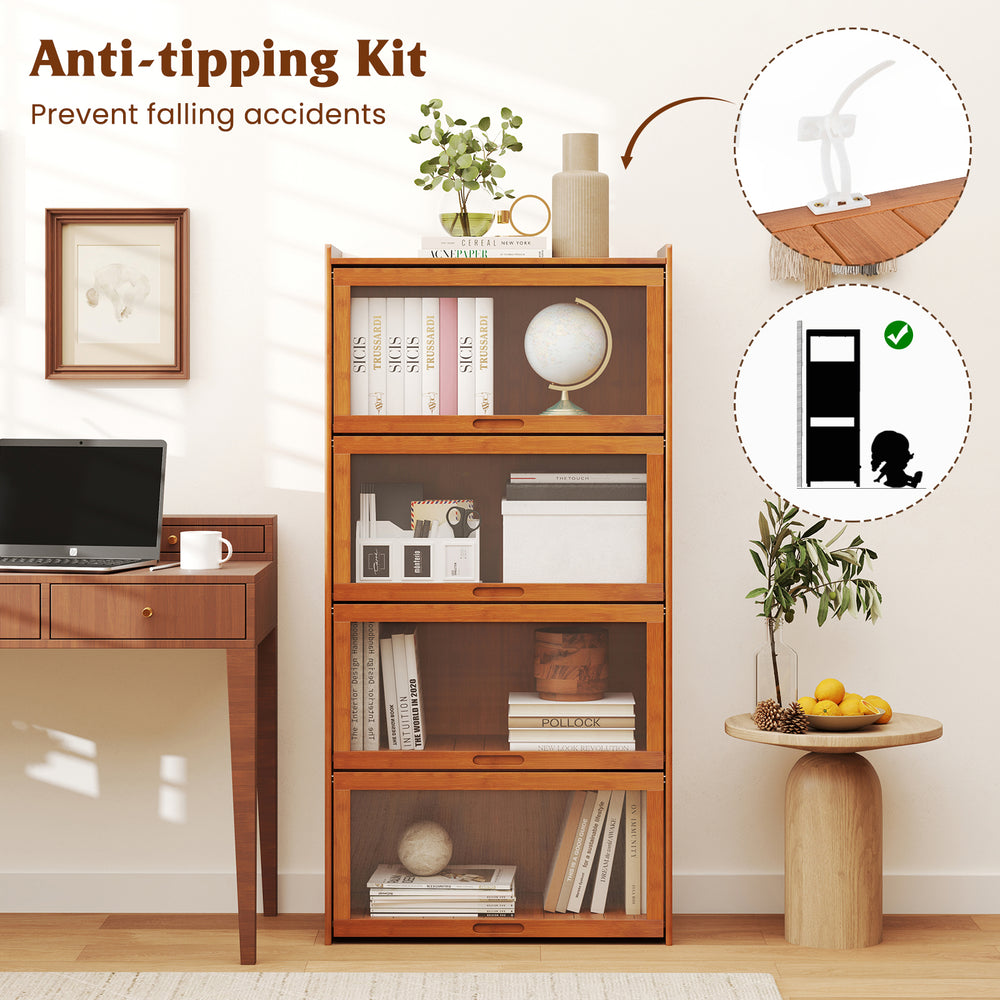 4-tier bamboo bookcase with doors in brown, featuring anti-tipping kit and see-through acrylic doors for safe storage.