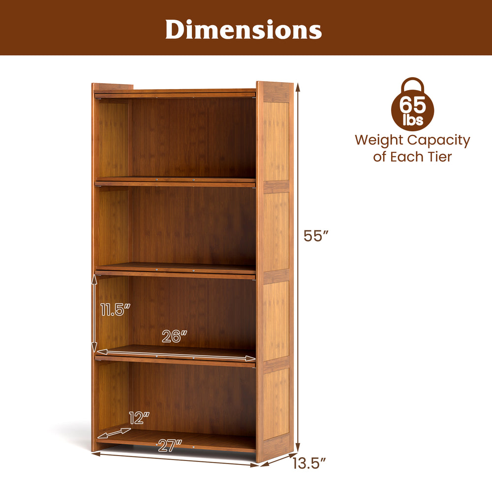 4-tier bamboo bookcase with doors, featuring a natural finish, ample storage, and a sturdy design for living room use.