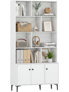 White bookshelf with 3 doors, open shelving, and metal legs for home office storage and organization.
