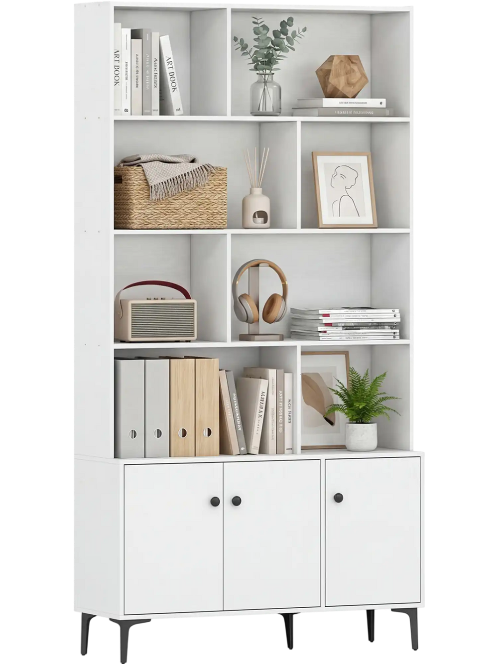 White bookshelf with 3 doors, open shelving, and metal legs for home office storage and organization.