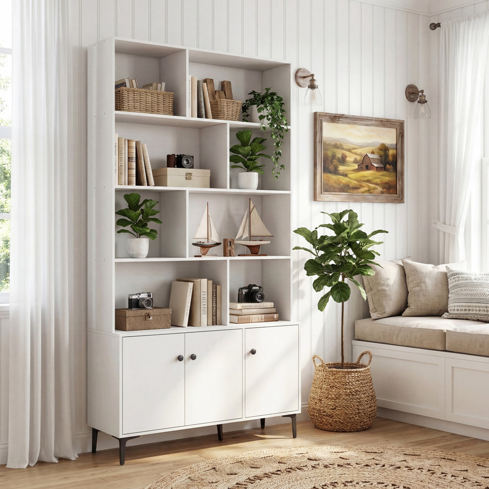 Bookshelf with 3 Doors and 2 Anti-Tipping Kits for Home Office-White - Gallery View 1 of 10