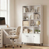 White bookshelf with 3 doors, open shelving, and metal legs, ideal for home office storage and organization.