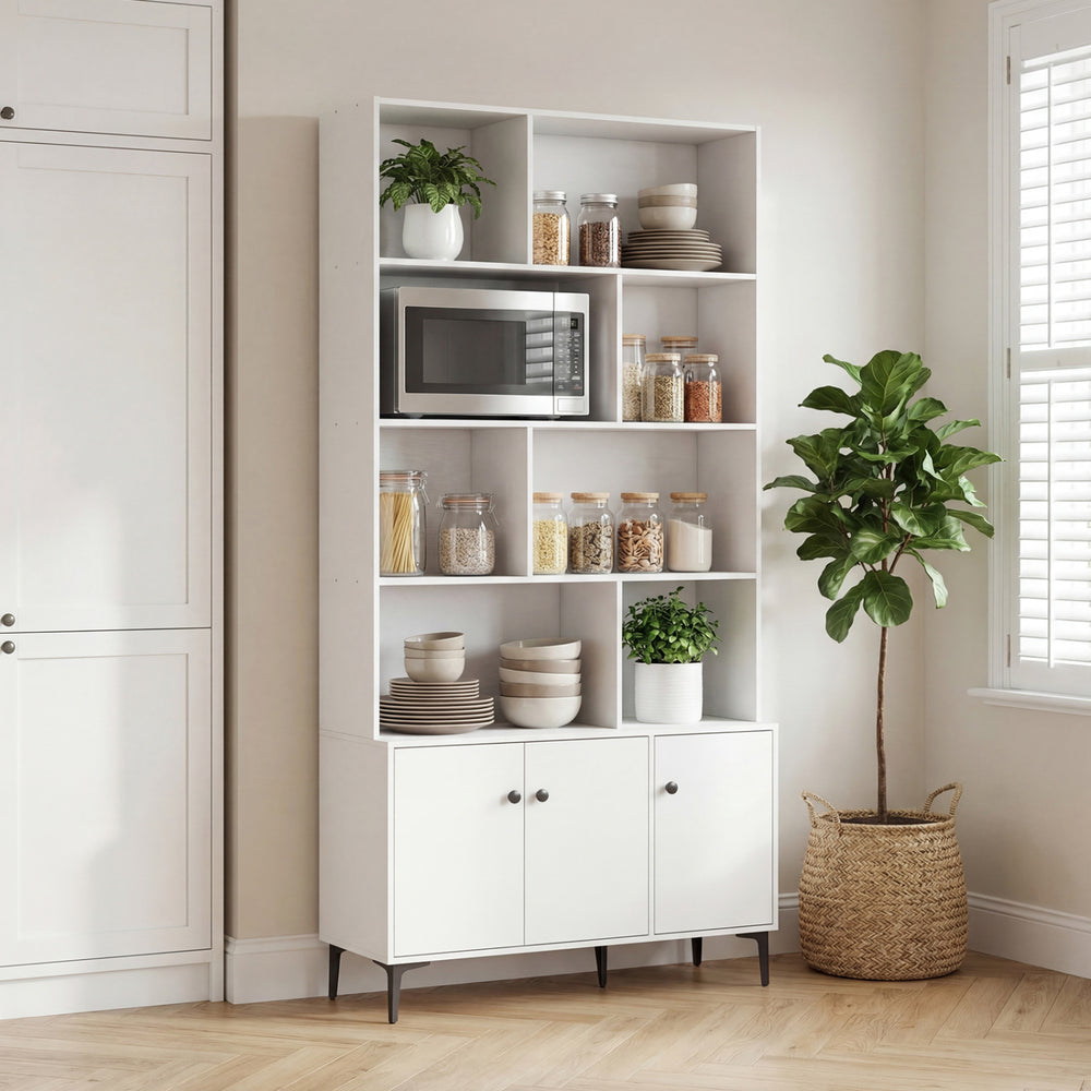 White bookshelf with 3 doors and open shelving, featuring metal legs and anti-tipping kits for home office stability.