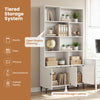 Tiered bookshelf with open display shelving and enclosed cabinet, featuring robust metal legs for home office.