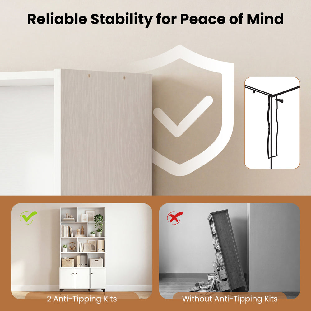 Bookshelf with 3 doors and 2 anti-tipping kits, showcasing reliable stability for home office use in white finish.