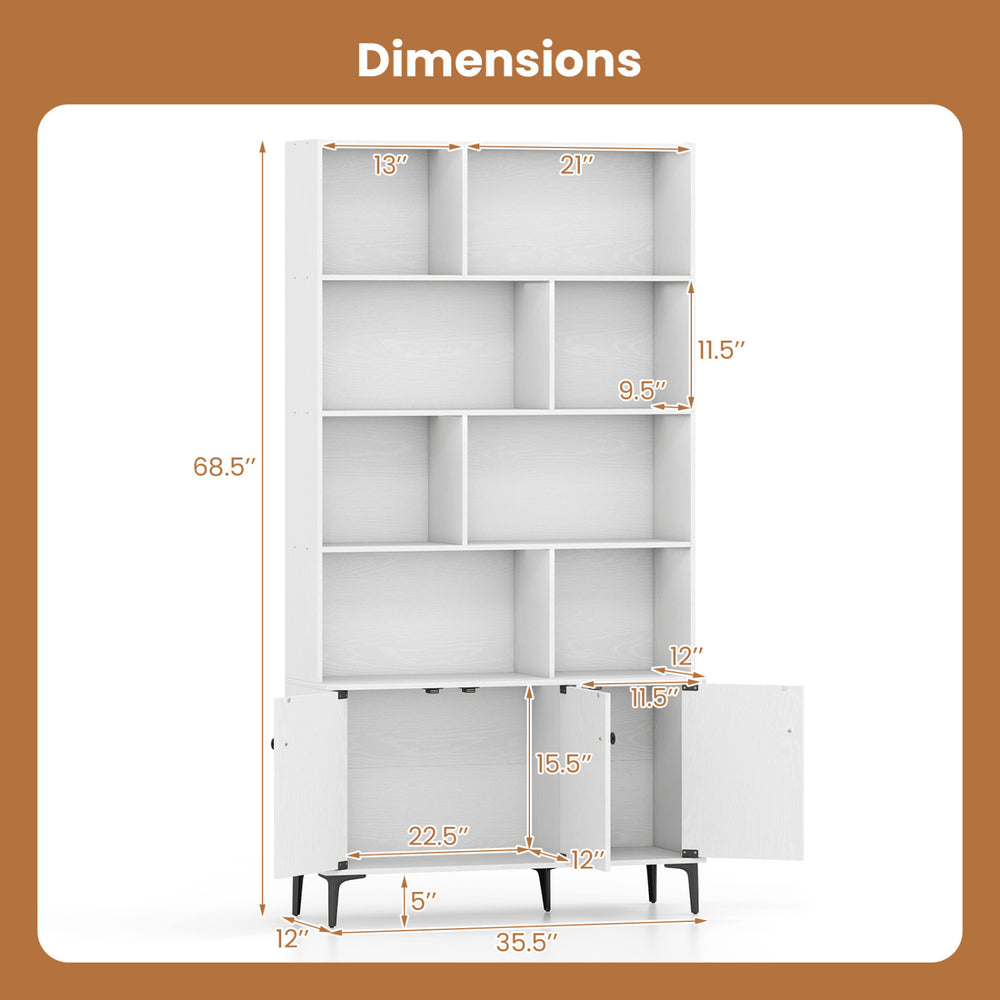 Bookshelf with 3 doors and open shelving, featuring dimensions for home office use, designed for stability and storage.