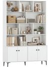 Close-up of the white bookshelf's textured surface and round knobs, designed for stylish and functional home office.