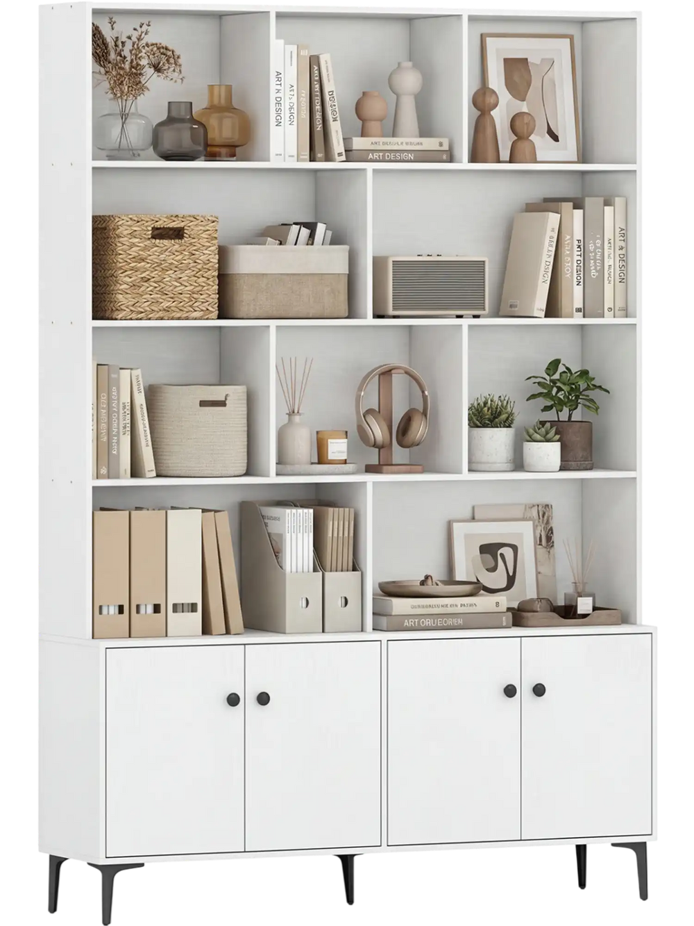 Close-up of the white bookshelf's textured surface and round knobs, designed for stylish and functional home office.