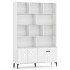 White bookshelf with open display shelves and 4 doors, featuring robust metal legs and anti-tipping kits for stability.