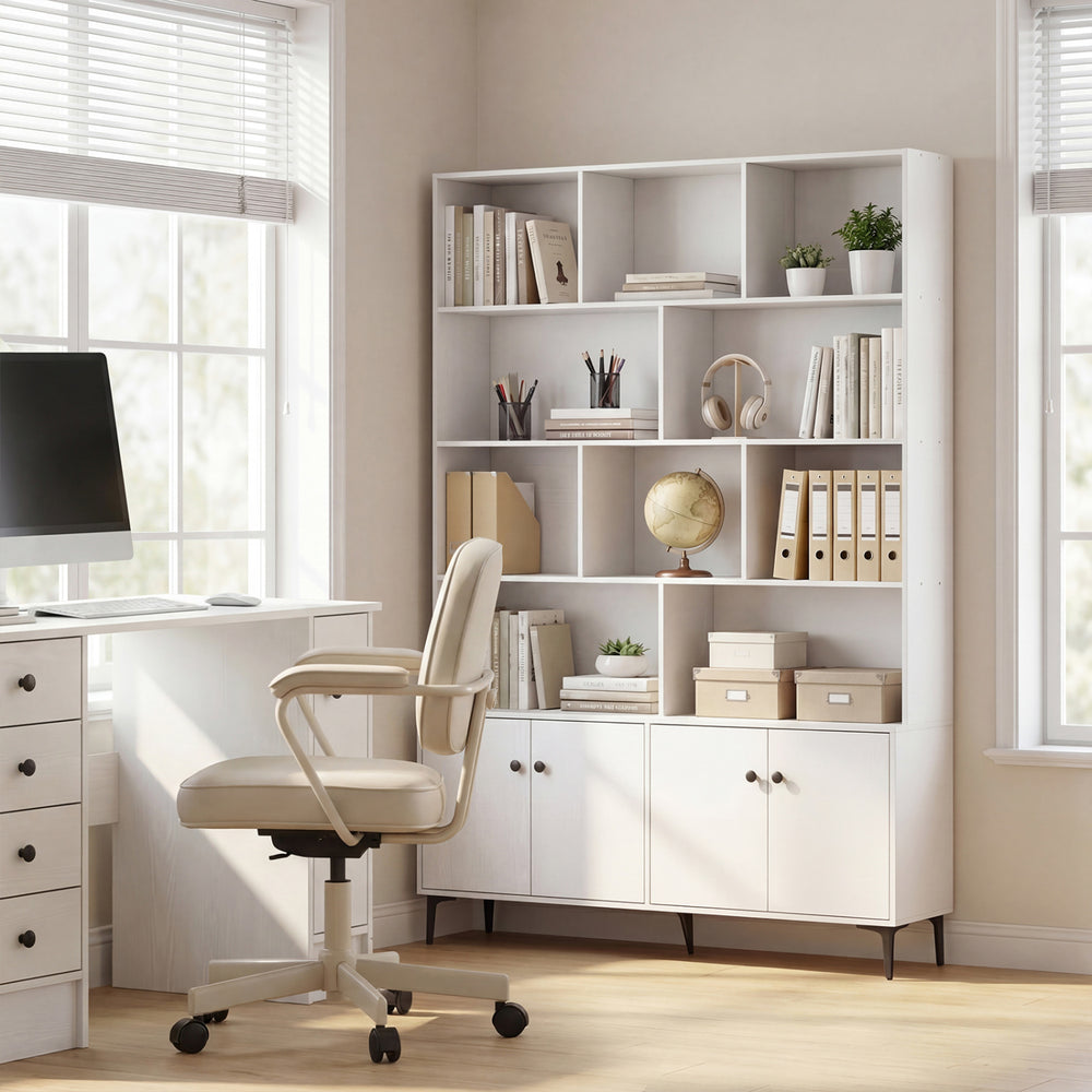 White bookshelf with 4 doors and open shelving for home office, featuring anti-tipping kits and robust metal legs.