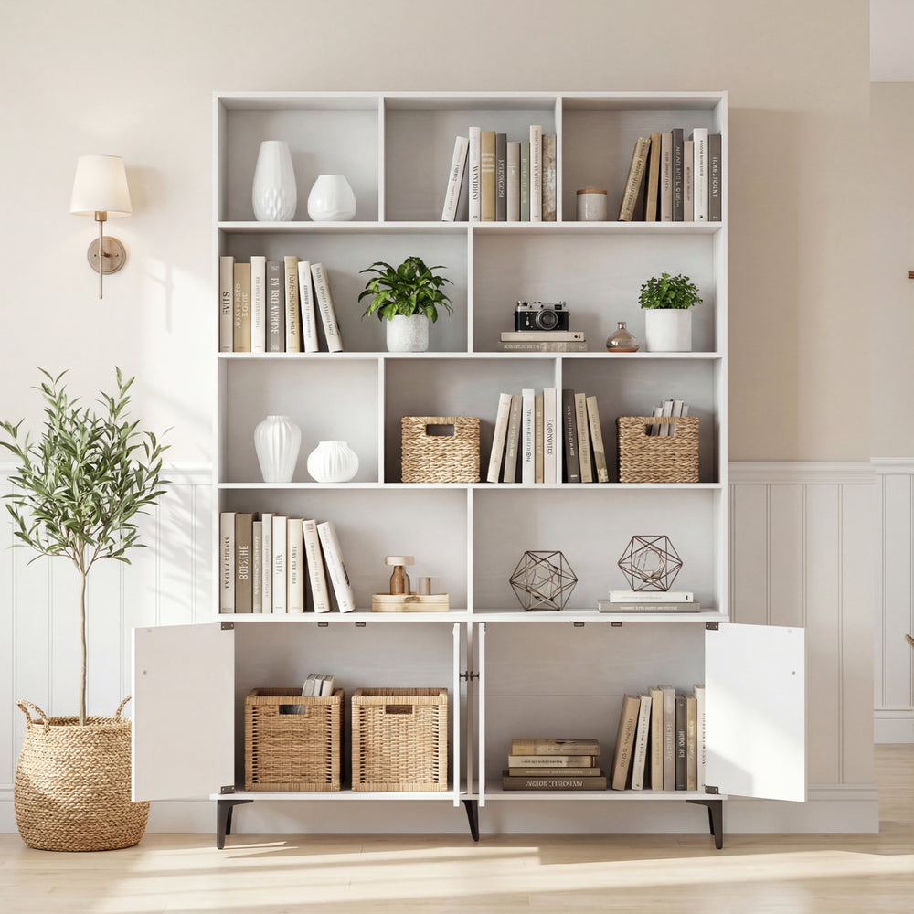 White bookshelf with open display shelving and enclosed storage, featuring 4 doors and robust metal legs for home.