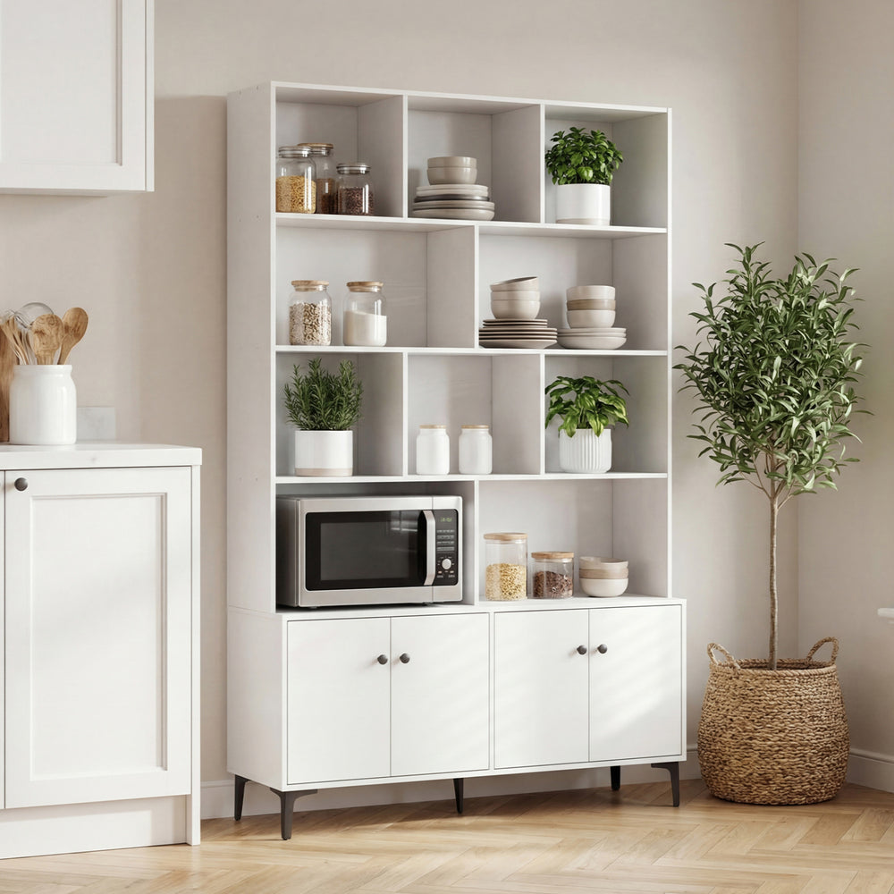 White bookshelf with 4 doors and open shelving, featuring metal legs and anti-tipping kits for home office stability.