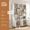 Tiered storage bookshelf with open display and enclosed cabinet, featuring white finish and robust metal legs for home.