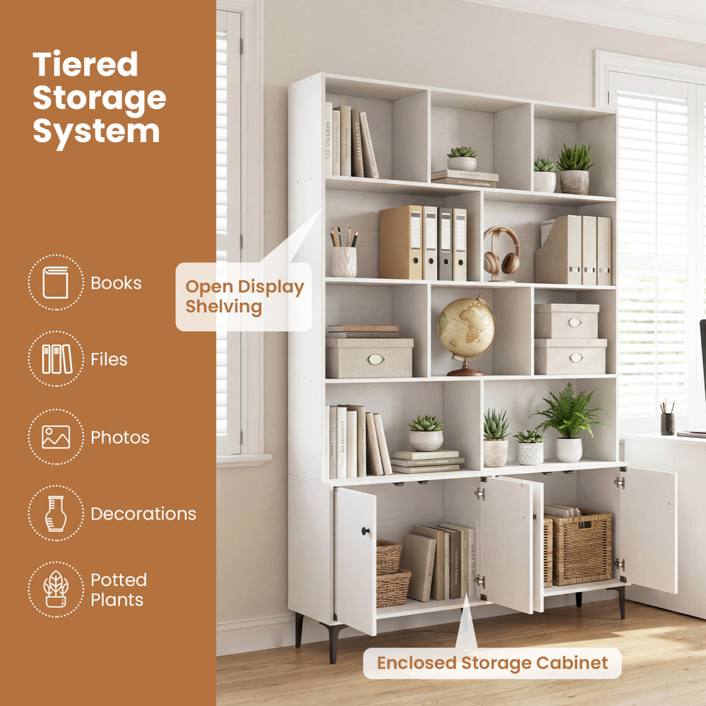 Tiered storage bookshelf with open display and enclosed cabinet, featuring white finish and robust metal legs for home.