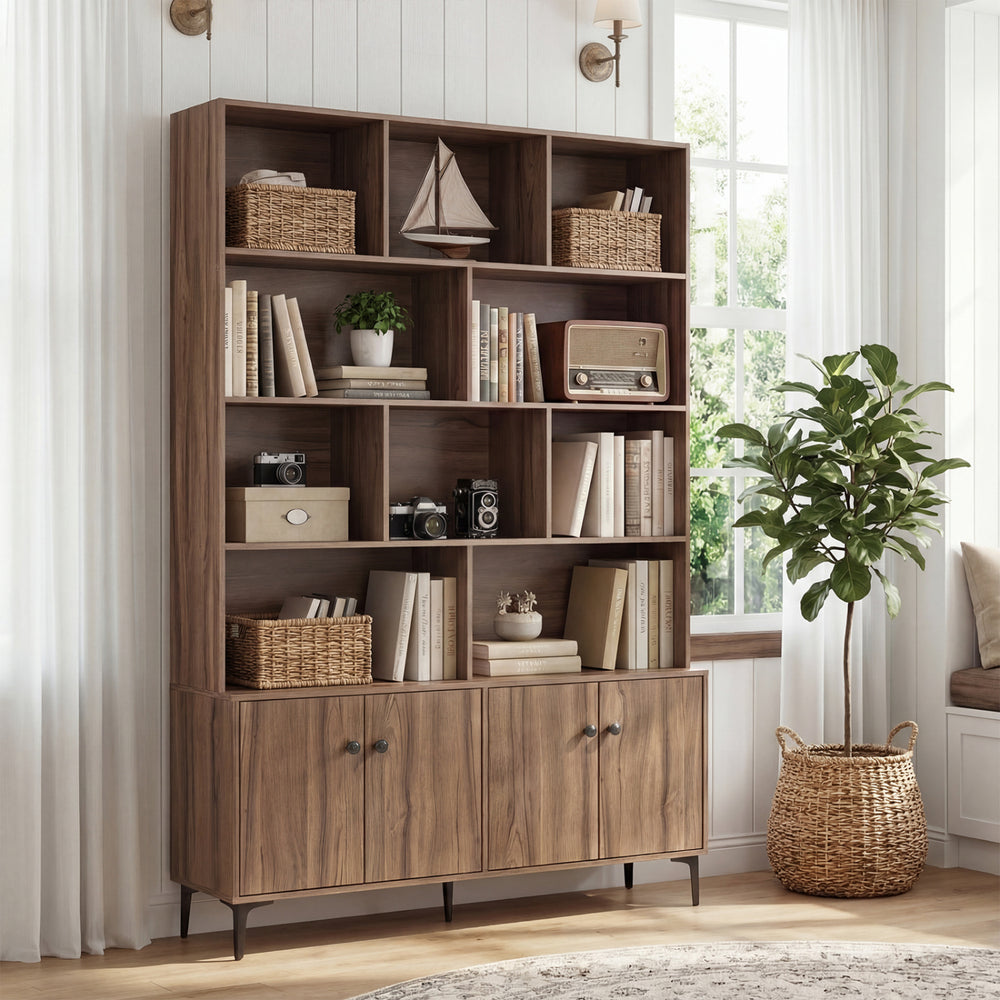 Bookshelf with 4 Doors and 2 Anti-Tipping Kits for Home Office-Walnut - Gallery View 1 of 10