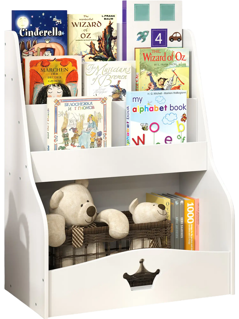 4-tier white kids bookshelf featuring shelves and a compartment, perfect for organizing children's books and toys.
