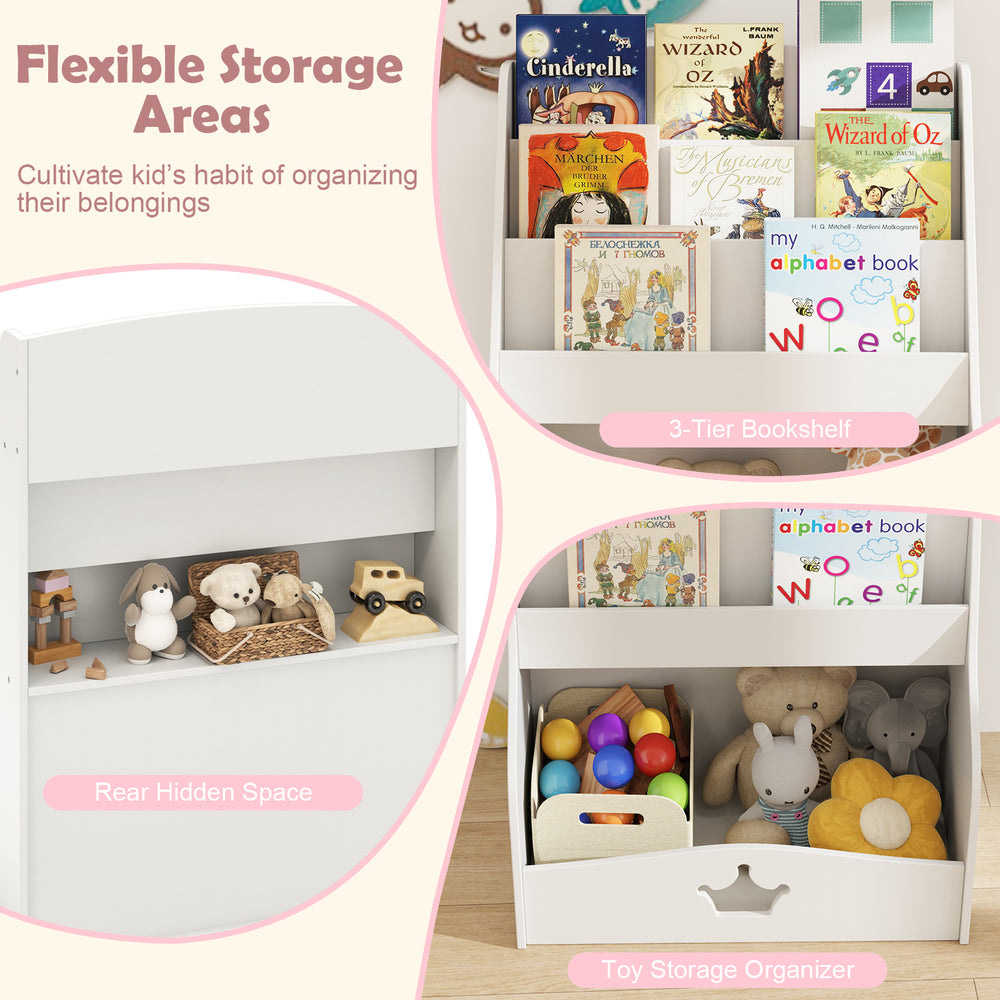4-tier kids bookshelf in white with compartments for organized storage, perfect for nurseries and easy access to books.