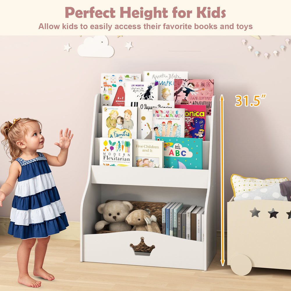 4-tier white kids bookshelf with shelves and compartment, designed for easy access to books and toys, perfect for.
