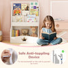 4-tier white kids bookshelf with shelves and compartments, designed for easy access to books and organized storage.