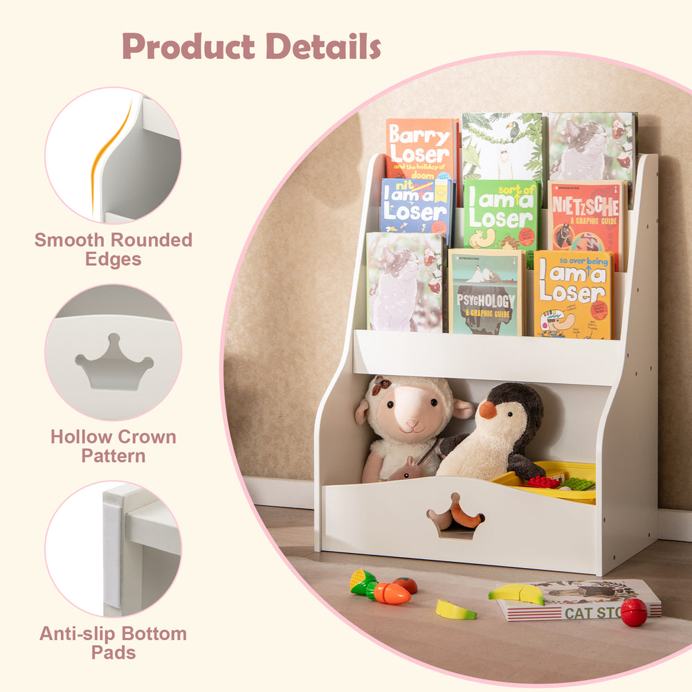 4-tier white kids bookshelf with smooth edges, anti-slip pads, and a compartment for organized storage of children's.