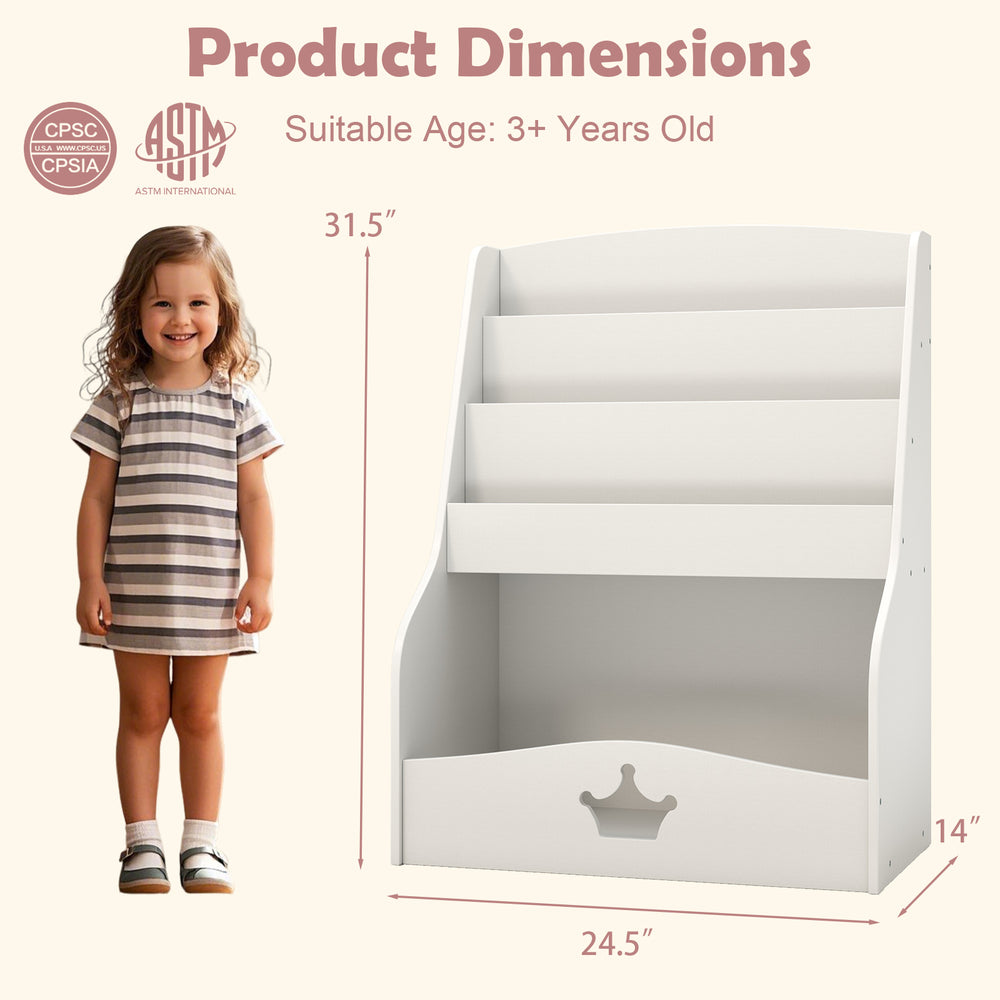 4-tier white kids bookshelf with shelves and compartment, designed for toddlers, perfect for organizing books and.