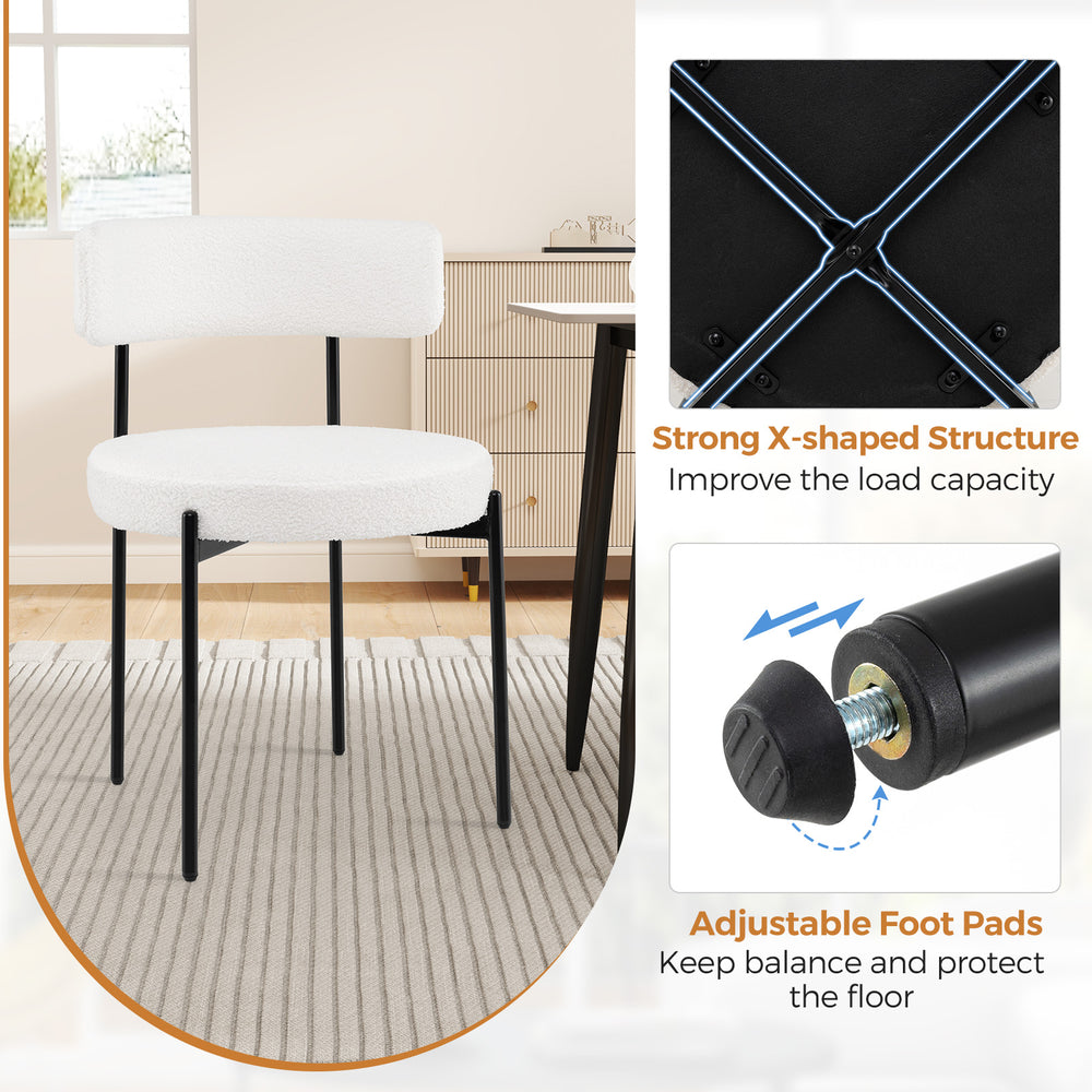 Boucle dining chair with curved backrest, white faux sherpa upholstery, and metal legs for dining or living room use.