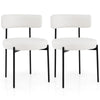 Set of 2 white boucle dining chairs with curved backrest and metal legs, ideal for dining room or living space.
