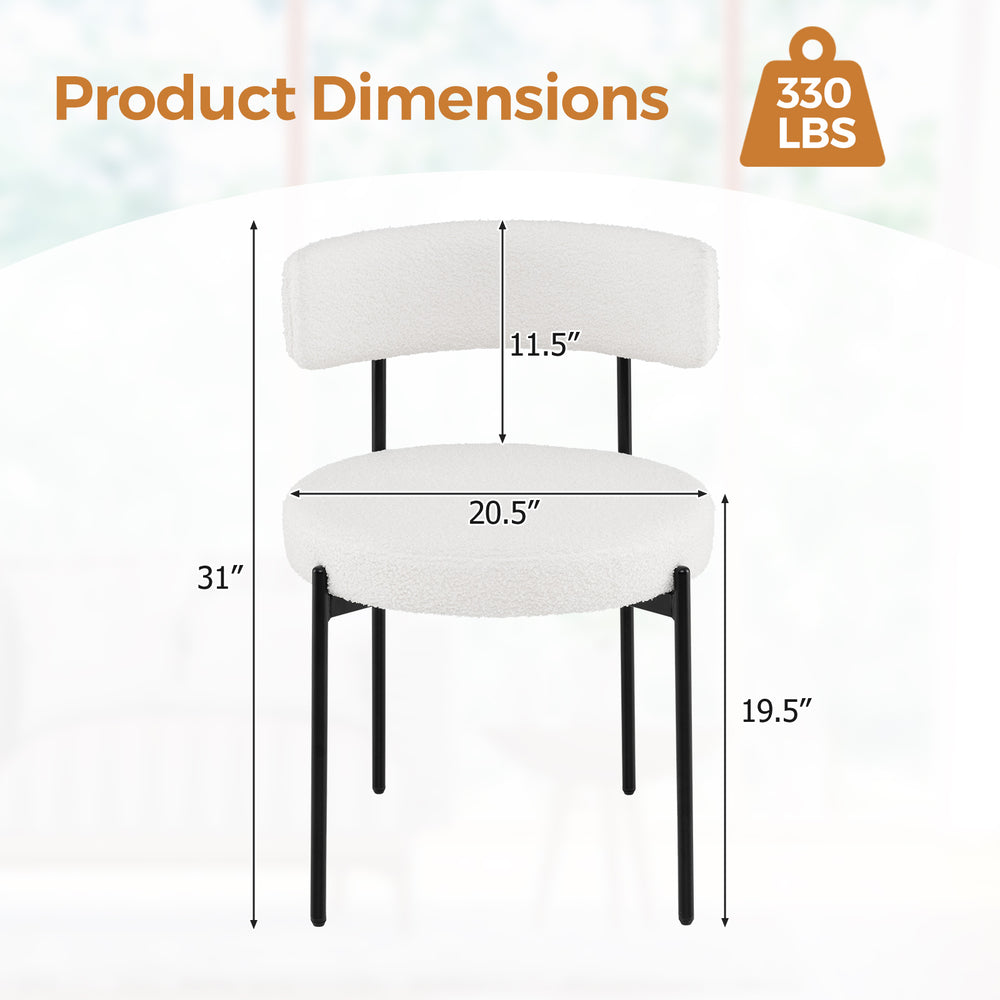 Boucle dining chair dimensions with curved backrest, metal legs, and a 330 lbs capacity for versatile seating.