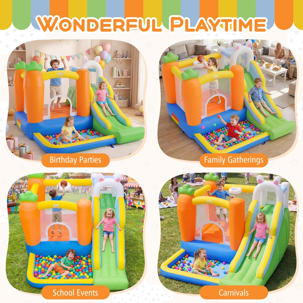 Bounce house for kids featuring a climbing wall, slide, and ball pit, perfect for backyard parties and family.
