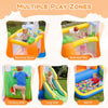 Bounce house with climbing wall, long slide, and basketball rim for kids aged 3-12, perfect for backyard parties.