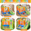 Bounce house with climbing wall and slide, featuring a ball pit, ideal for birthday parties and family gatherings.