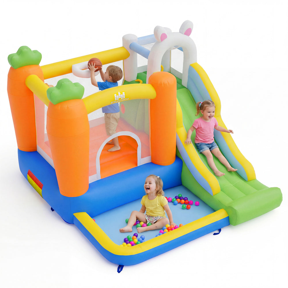 Bounce house for kids with climbing wall, slide, and ball pit, made of durable 420D oxford cloth for backyard fun.