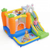 Brightly colored bounce house with climbing wall, slide, and ball pit for kids aged 3-12, perfect for backyard fun.