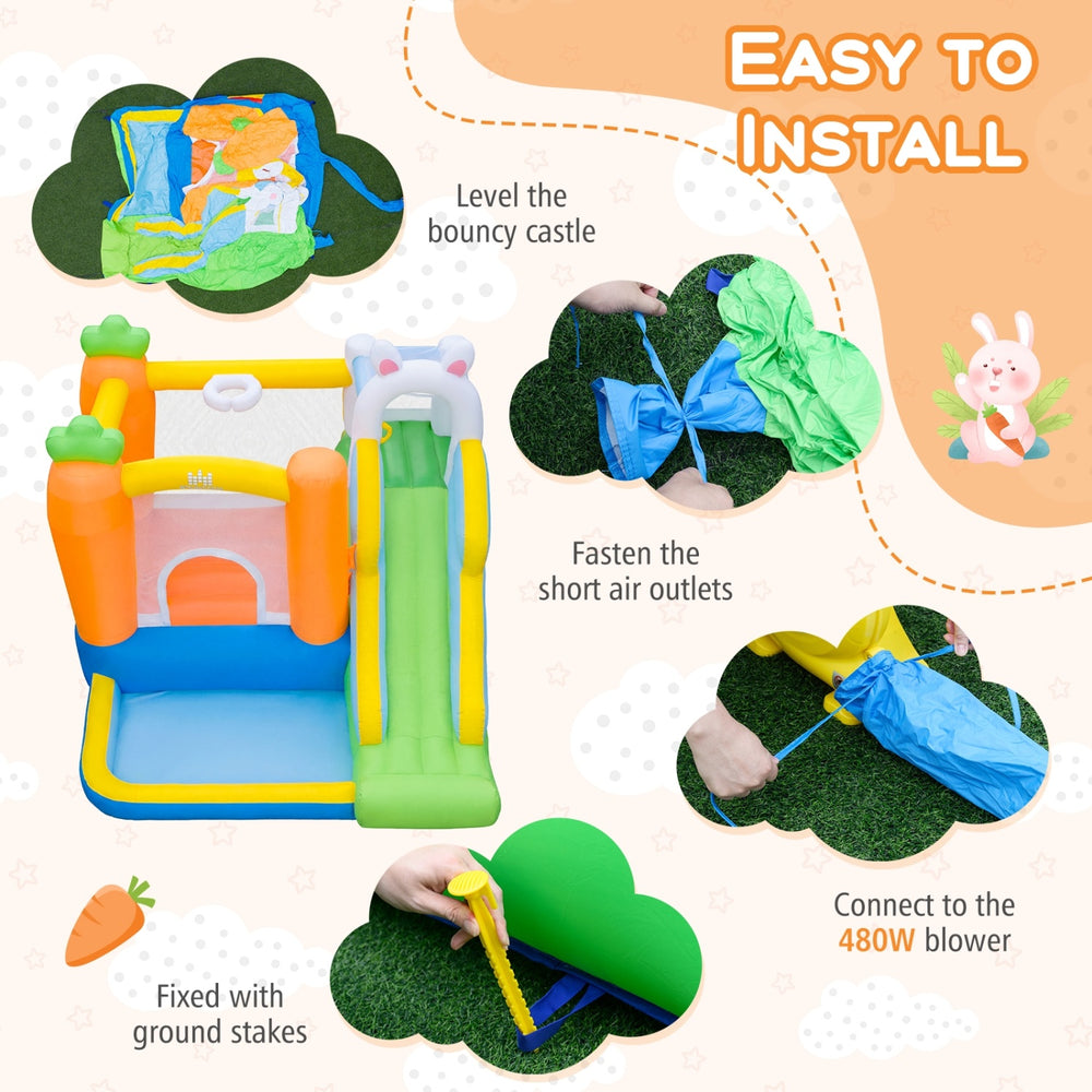 Bounce house with climbing wall and slide, made of durable 420D oxford cloth, perfect for backyard parties.