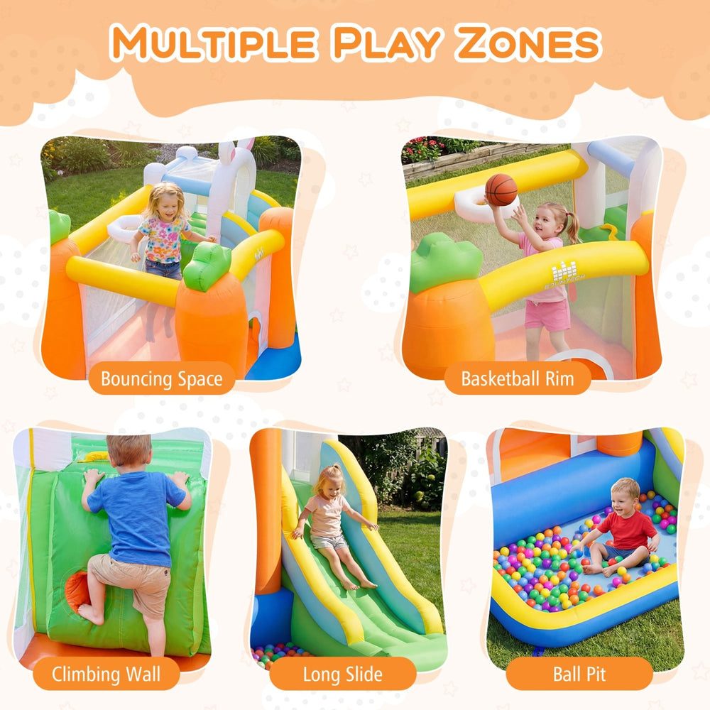 Bounce house with climbing wall, long slide, and basketball rim for kids' outdoor fun and backyard parties.