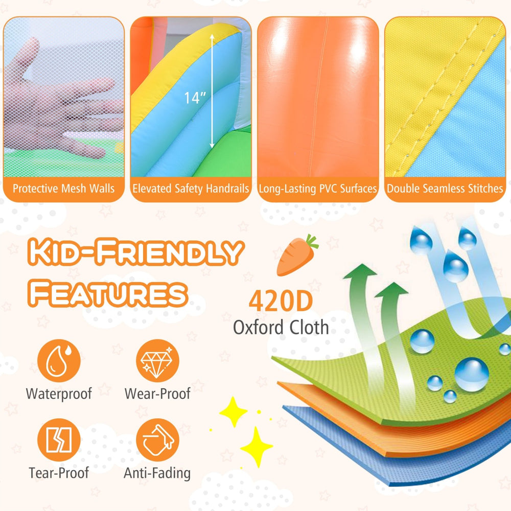 Bounce house for kids featuring a climbing wall, 420D oxford cloth, and protective mesh walls for safe backyard fun.