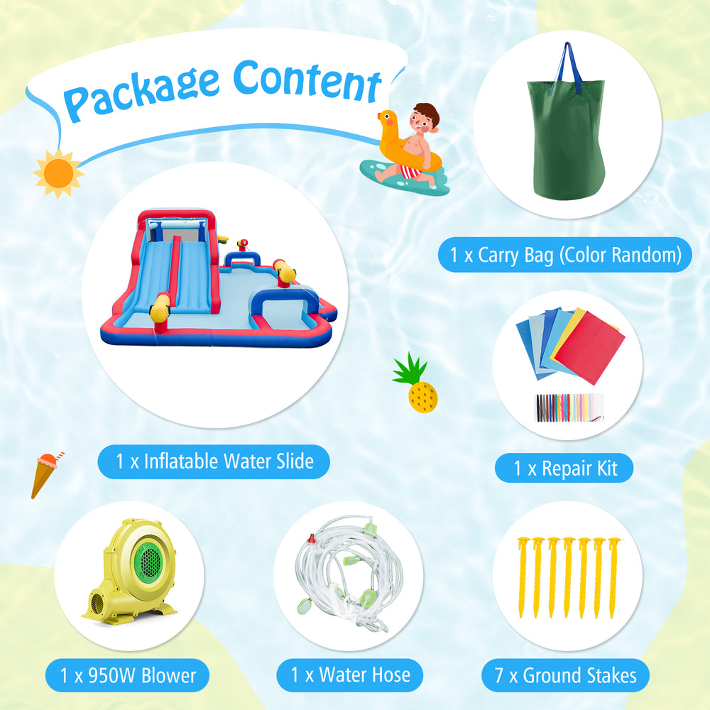 Inflatable water slide with dual slides, 3 water cannons, and 950W blower for outdoor summer fun.