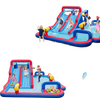 Inflatable bounce house with dual water slides, 3 water cannons, and splash pool for outdoor fun or indoor parties.