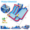 Inflatable bounce house with dual water slides, 3 water cannons, and large splash pool for outdoor fun.
