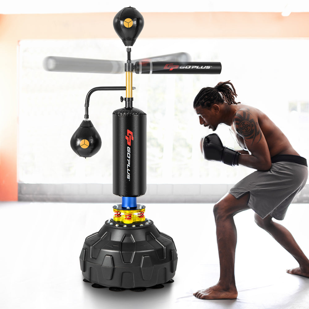 Boxing speed trainer with adjustable height, 360° spinning bar, and dual speed balls for agility and coordination.