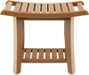 Brown waterproof bath stool with curved seat, slatted design, and storage shelf, ideal for shower or vanity use.