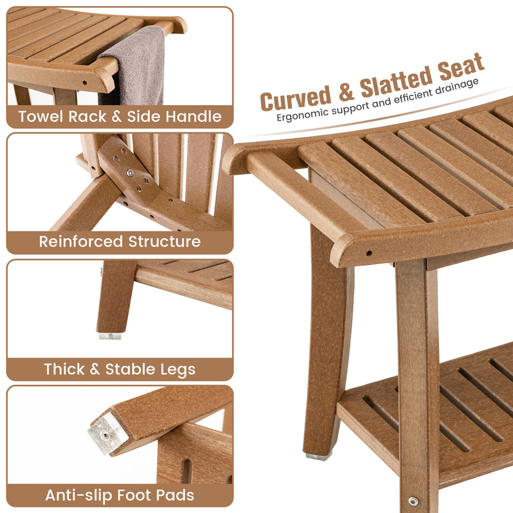 Curved seat waterproof bath stool in brown with anti-slip foot pads and towel rack, ideal for shower or vanity use.