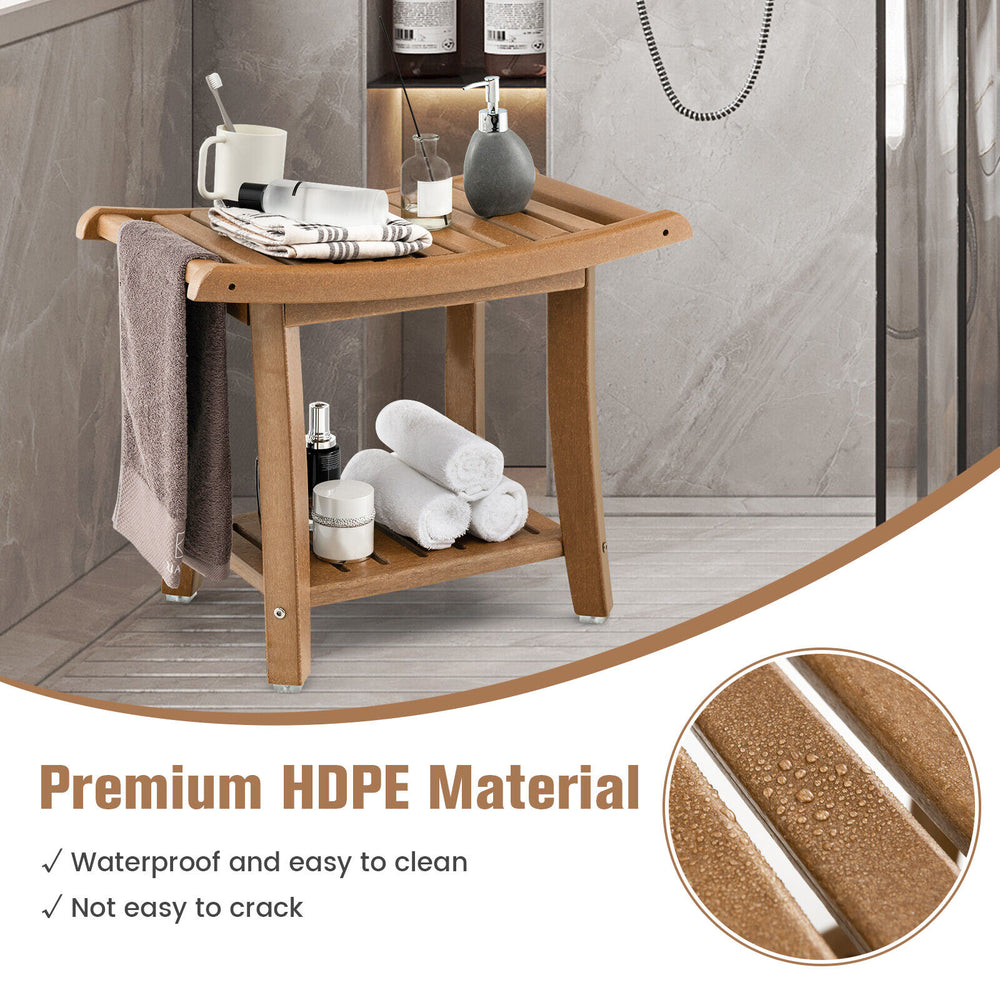 Waterproof bath stool in brown with curved seat, HDPE material, and 2-tier storage shelf for versatile use.