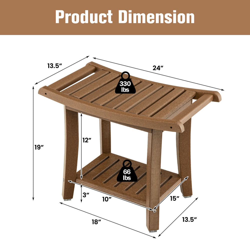 Waterproof bath stool with curved seat, HDPE material, and storage shelf, ideal for shower or vanity use.