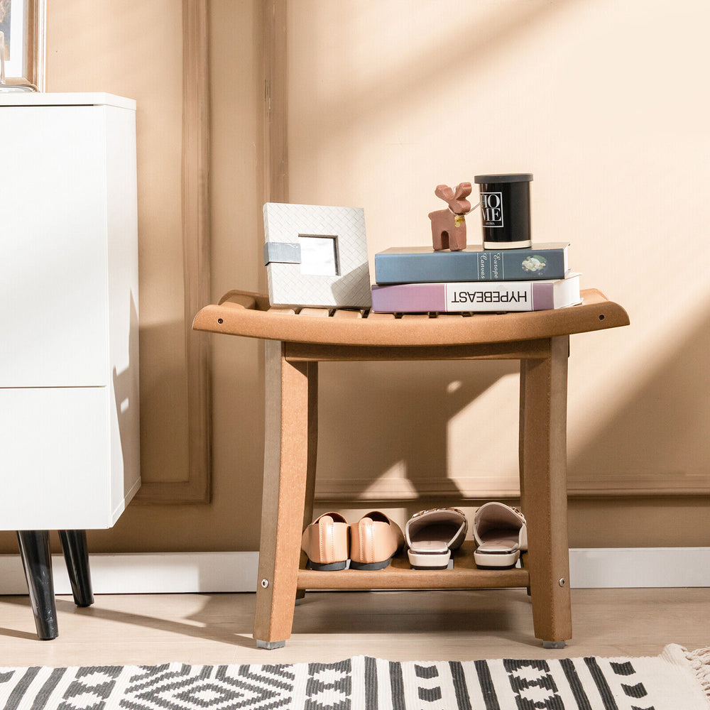 Brown waterproof bath stool featuring a slatted design and ergonomic curved seat, perfect for shoe storage or bathroom.