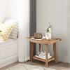 Brown waterproof bath stool with curved seat, 2-tier storage shelf, and anti-slip foot pads for stability.