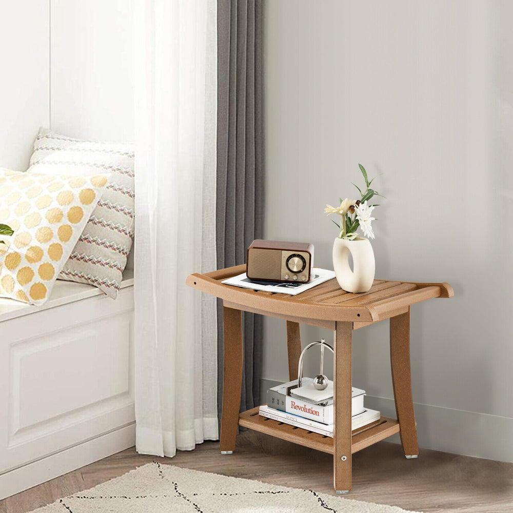 Brown waterproof bath stool with curved seat, 2-tier storage shelf, and anti-slip foot pads for stability.