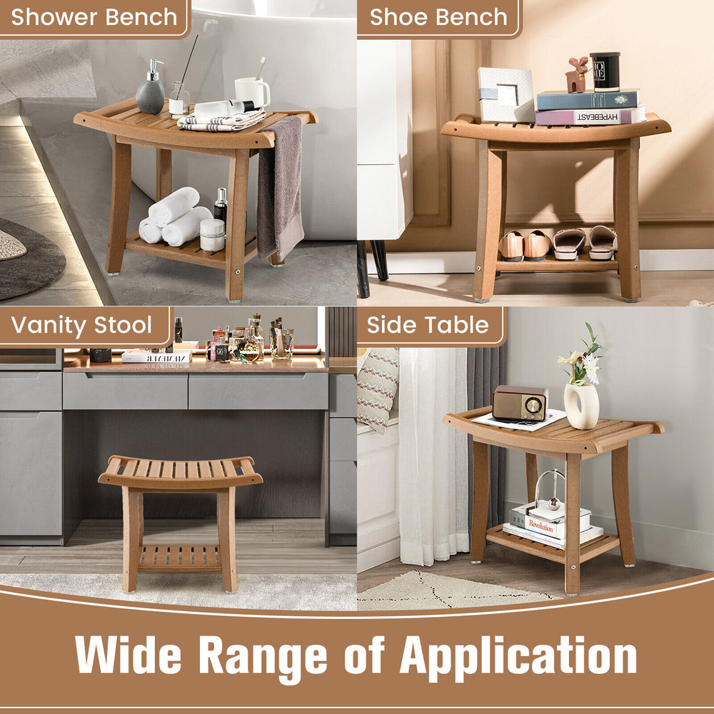 Waterproof bath stool with curved seat and storage shelf, made of HDPE, ideal for shower, shoe, or vanity use.